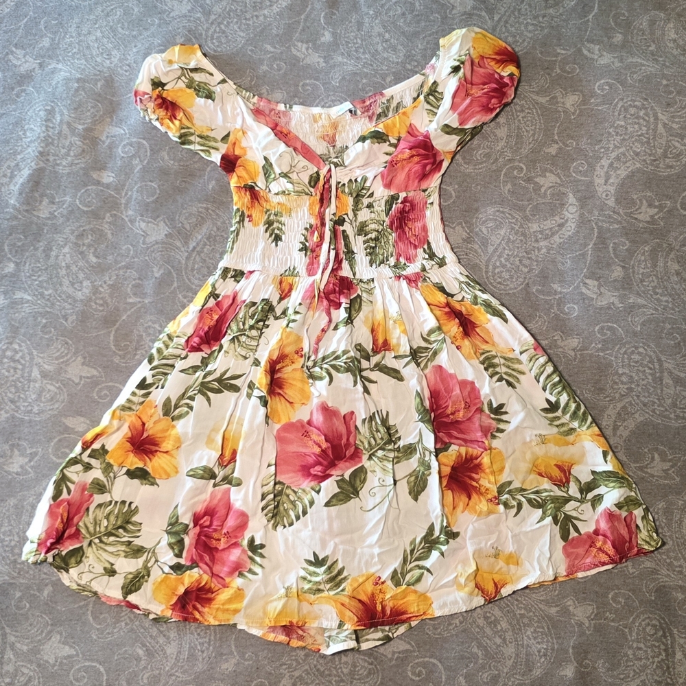 Evolve Floral And Leaf Print Off-Shoulder Mini Dress (Fits Size XS/S)
